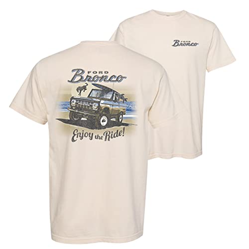 Classic Vintage Ford Bronco Enjoy The Ride Cars and Trucks Front and Back Garment-Dyed Washed Look Short Sleeve T-Shirt Ivory Large