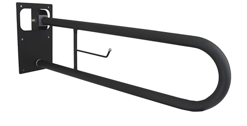 CM BAÑOS - Barra Abatible de Acero con Portarrollos Incorporado, Barra Baño Minusválido, Barra WC Seguridad Giratoria y Plegable a Pared, Negro Mate, 73 cm