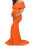 Glampunch Womens Off Shoulder Maternity Dress Ruffles Elegant Slim Gowns Fit Maxi Photography Dress Orange