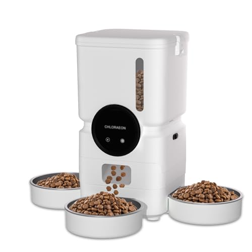 Chloraeon Automatic Cat Feeder for 3 Cats with Slow Feed, 6L Smart WiFi Pet Feeder, 2.4G & 5G Dual-Band, Battery Powered with 15-Day Battery Life, for Cats & Small Dogs (White)