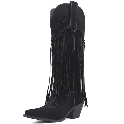 Women's Fringe Cowboy Boots Knee High Pointed Toe Chunky Embroidered Western Tassel Cowgirl Boots