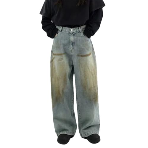 Men's Yellow Mud Washed Jeans, Loose Fit, Straight Leg, Gradient Color, Summer Denim Pants