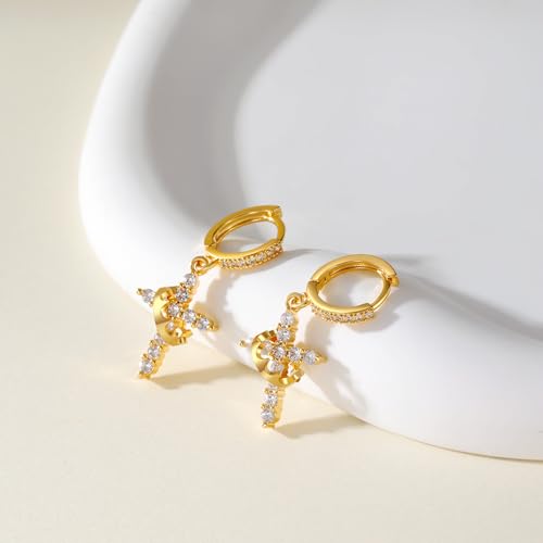 Hypoallergenic Crown Cross Earrings for Women Men, 18K Gold Plated Dangle Hoop Huggie Earrings, Fashion Diamond Jewelry Gifts4