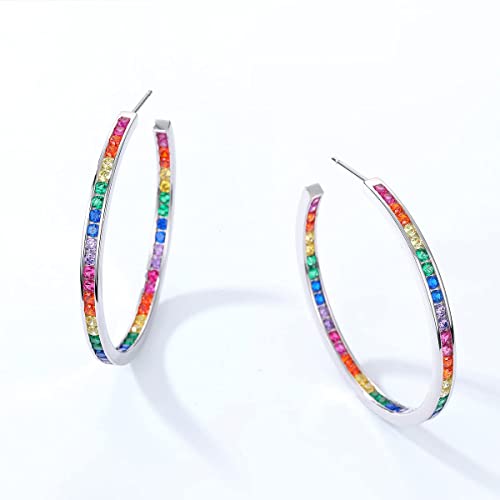 Allnoel Rhodium Plated Colorful Hoop Earrings Rainbow Cubic Zirconia Statement Earrings For Women Girls #TOP2