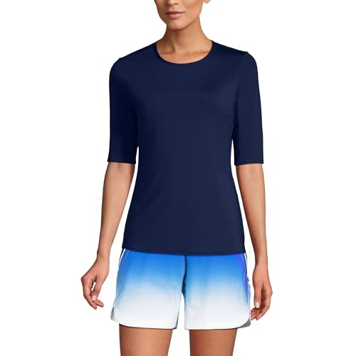 Lands' End Women's Sunshade UPF 50 Elbow Sleeve Relaxed Rash Guard XX-Small Petite Deep Sea Navy