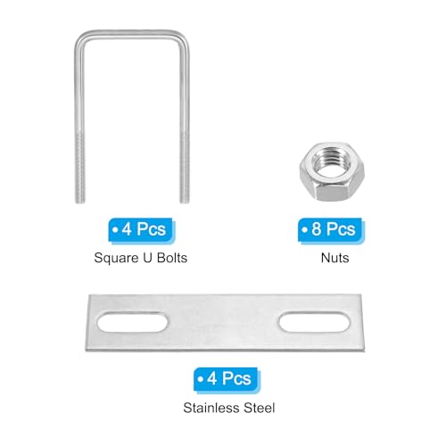 Image of PATIKIL M8x60x100mm Square U-Bolts Kit, 4Set 304 Stainless Steel Square U Shaped Bolts Replacement Parts with Frame Plates and Nuts for Ski Board Sailboat Trailer