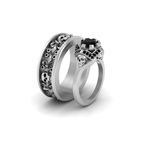 Bague de mariage tête de mort et onyx noir, le cadeau d'anniversaire de couple idéal