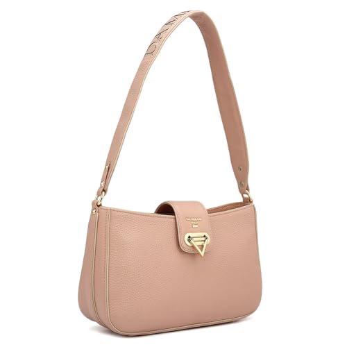 Image of Da Milano Women's Leather Shoulder Bag - Pink | Genuine Leather Handbag with Gold Hardware, Broad Shoulder Strap & Secure Clasp Lock | Elegant Everyday Purse