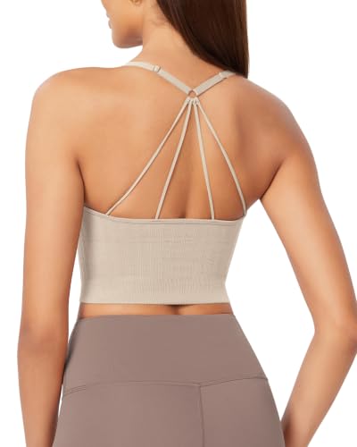 Image of ODODOS Seamless Padded Sports Bra for Women Strappy Longline Wirefree Brami Ribbed Crop Tank Tops
