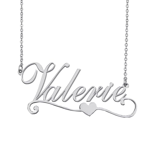 AOLO Personalized Valerie Name Necklace with Heart Decoriaton Silver Stainless Steel Nameplate Necklaces Jewelry Gift for Womens Teens