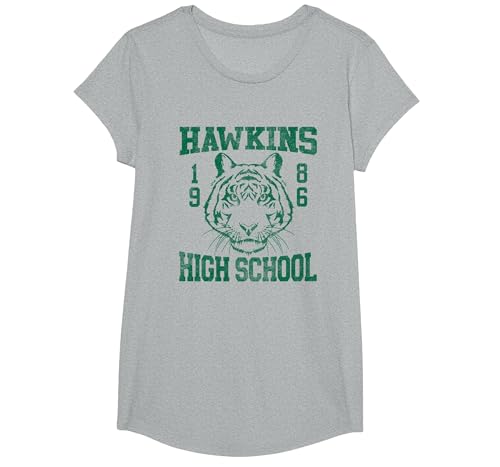 Stranger Things 1986 Hawkins High School Camiseta, Niñas, Gris Jaspeado, L