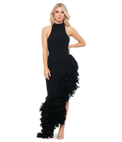 Betsy & Adam Women's Sleeveless High Neck Ruffle Detail Asymmetrical Hem Dress
