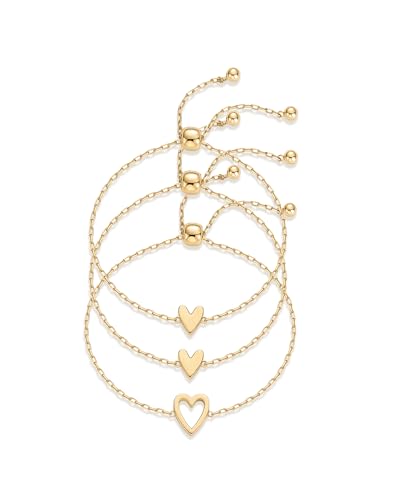 PAVOI 14K Yellow Gold Plated Matching Heart Charms Solitaire Bracelet Set for Women - Adjustable Valentines Day Love Friendship Three Bracelet Pack - Two Small and One Big Heart Bracelet