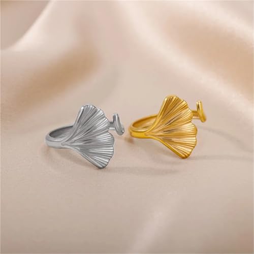 Anillos ginkgo de acero inoxidable para mujer sortija ajustable 6