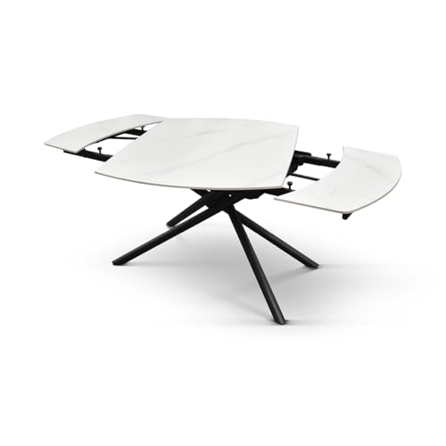 PAZZO DESIGN table extensible pivotante Achille, plateau en céramique blanc statuaire, pieds en métal noir, 120 x 88 x 76 cm - id_2206