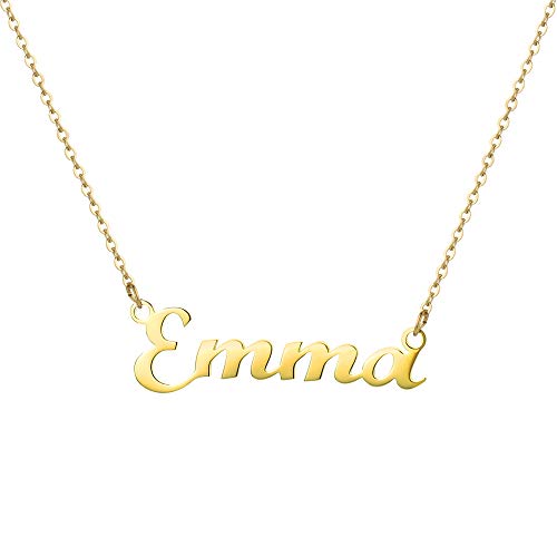 MONOOC Emma Name Necklace Gold, Personalized Name Necklace for Women Word Necklaces for Women Gold Custom Name Plate Word Necklace for Girls Adjustable Cable Chain 18’’ Font Necklace