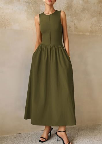 Image of PRETTYGARDEN Maxi Dresses for Women 2026 Summer Casual Sleeveless Patchwork Flowy Vacation Sundress Knit Long Work Tank Dress