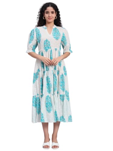 Image of PIDAVLIYA'S Women's Floral Summer Maxi Dress I Cotton Printed I One Piece Bodycon Midi Dress with V-Neck, Puffed Sleeves