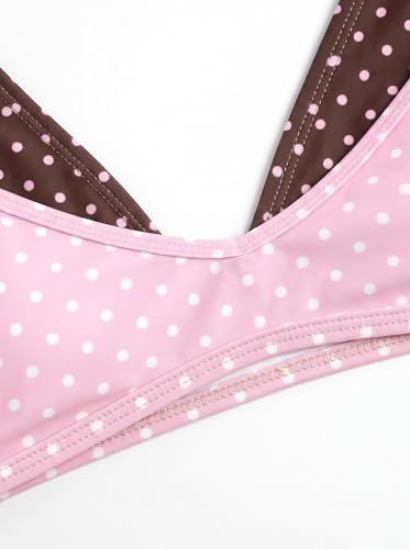 Image of ZAFUL Women's Polka Dot Bikini Set Double Layer Halter Swimsuit Colorblock Side Tie 2 Piece Bathing Suit 0-Pink Polka Dot L