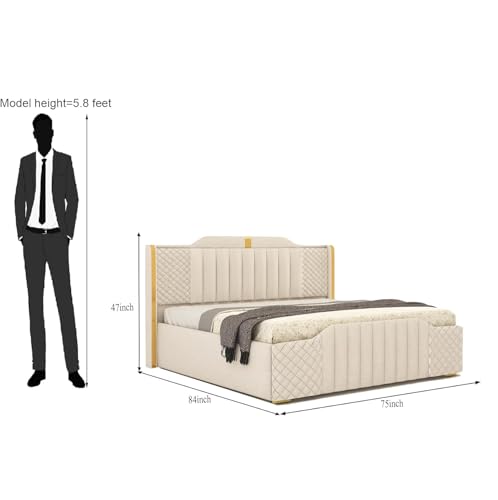 Image of Modern Upholstered King Size Bed with Storage | Double Bed with Box Storage & Upholstery Premium Fabric Headboard | Platform Bed for Bedroom & Hotel | Sheesham Wood, White, 6.5 x 6 Ft