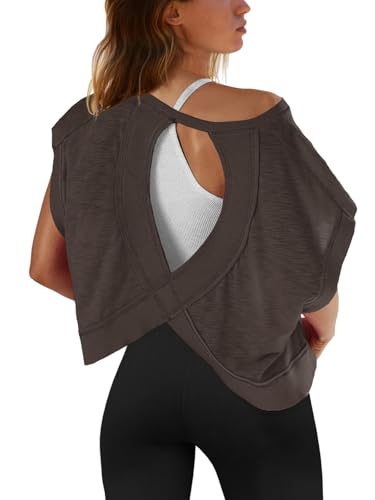 Image of SENSERISE Womens Open Back Workout Tops Backless Short Sleeve Athletic Shirt Running Crop Top Gym Yoga Tee