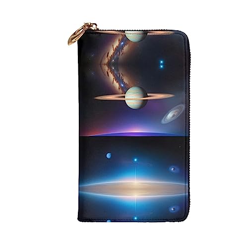 Leather Wallet 7.48 x 4.13 in - Stylish and Durable Wallet for Women with Multiple Compartments and Zipper Design Cosmic Saturn Pattern2