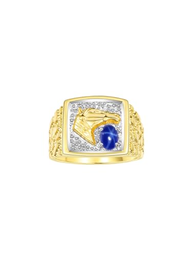 Image of Rylos Men's Yellow Gold-Plated Sterling Silver Lucky Nugget Horse Head Ring with 6X4MM Gemstone and Diamonds - Birthstone Elegance for Men, Sizes 8-13 Available