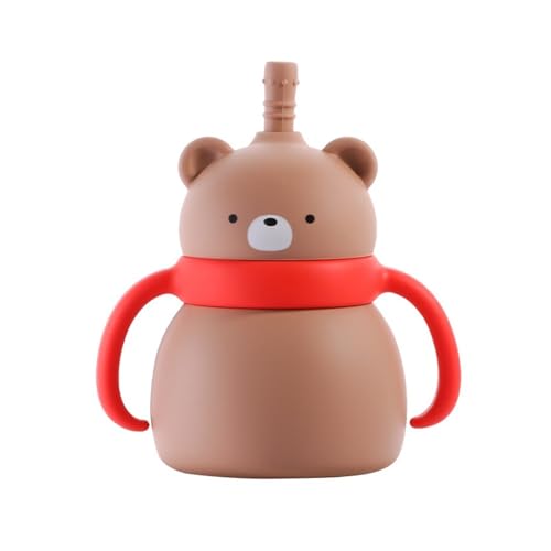Image of PandaEar Baby Silicone Drinking Training Cup with Handles& Straw, BPA-Free, Leak-Proof for Infants and Toddlers 6.8 oz (Brown Bear)
