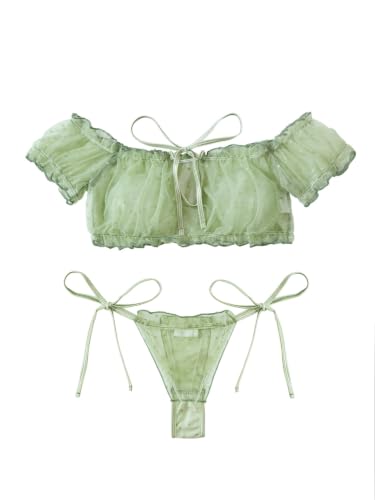 Image of Lilosy Sexy Stretch Ruffle Tie Sheer Mesh Lingerie Set Outfits