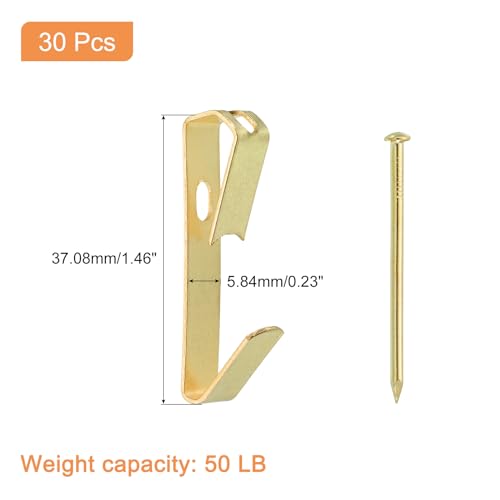 Image of uxcell 30Pcs Photo Frames Hanger Hooks, 50 Lb Frame Hooks with Nails Metal Wall Mount Album Picture Hanging Clips for Hanging, Clocks on The Wall, Gold
