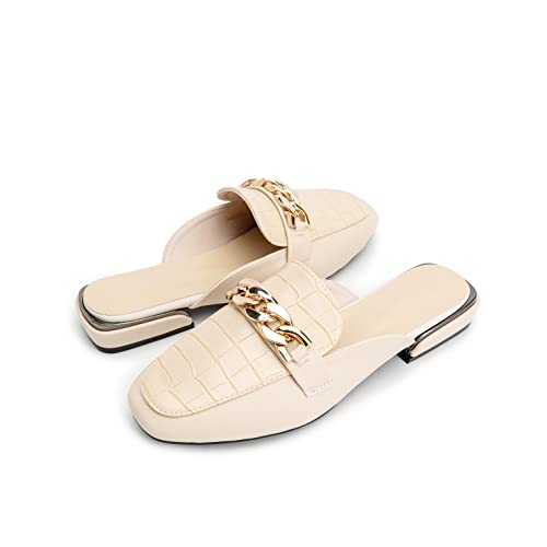 Reykilor Metal Chain Mules For Women Square Toe Backless Flat Mules Comfortable Slides Mules Shoes Ladies Slip On Loafers Office Slipper White #TOP2