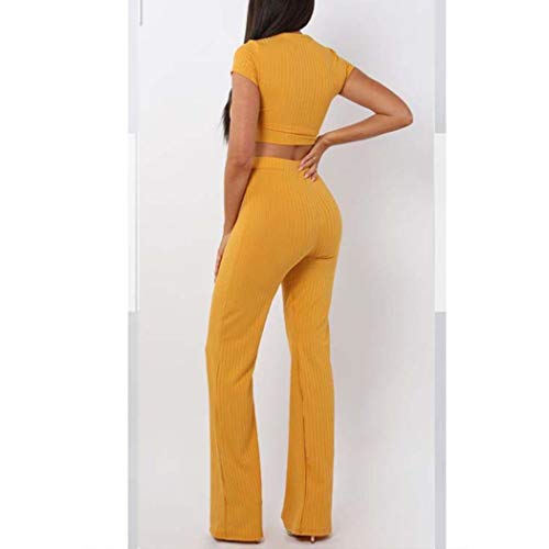 Image of Women's 2 Piece Outfits Set Ribbed Short Sleeve Casual Crop Top Wide Leg Pants Suit Set