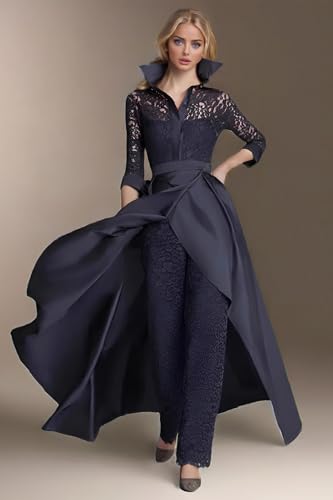 Jumpsuit Elegant V Neck Evening Dress Floor Length 3/4 Sleeve Satin Lace Party Mother of The Bride Dress 2025 SYC0092