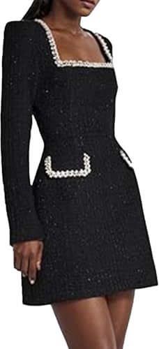 Women's Tweed Dress Elegant Square Neck Long Sleeve A-Line Party Club Bodycon Slim Short Mini Dresses (Black,M)
