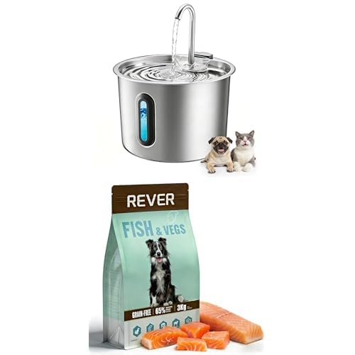 Fuente de acero inoxidable 2,2L para gatos y pienso de salmón y pollo sin cereales 3kg