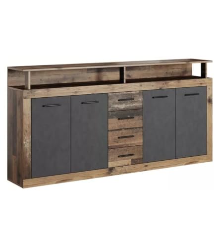 CAMBIA TUS MUEBLES CTM® Aparador Luana 190x95,4x31,9 cm – 4 Puertas, 4 Cajones y Huecos Abiertos, Estilo Moderno, Ideal Salón Comedor en Roble y Gris Oscuro