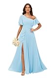 wayfor Sky Blue Bridesmaid Dresses with Pockes Chiffon Ruffle Pleated Formal Evening Gowns with Sleeves Sky Blue Size 12