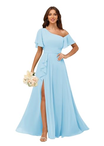 Image of One Shoulder Bridesmaid Dresses for Women with Pockets Short Sleeve Ruffled Chiffon Formal Evening Gowns