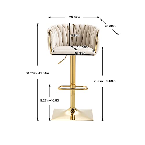 Butacos Giratorios de Tela de Terciopelo, Set de 2 Unidades, Altura Ajustable (25.6–32.68 pulgadas), con Reposapiés y Soporte para Espalda, Color Marfil, para Isla de Cocina o Bar miniatura 3