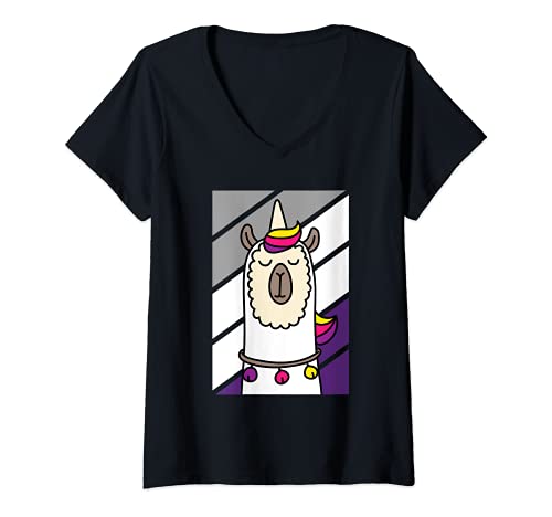 Womens Asexual Llama LGBT-Q Funny Alpaca Unicorn Ace Pride Ally V-Neck T-Shirt