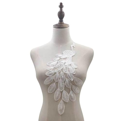 RUINUO 2pc Lace Peacock Applique Patches Sew on Peafowl Patches Embroidery Appliques for Sewing Wedding Dress White