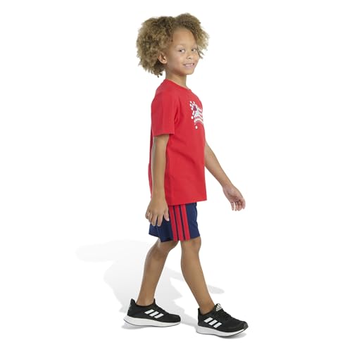 Image of adidas Kids Boys Graphic Cotton Tee 3-Stripes Short Set Casual Bottoms Casual - Red