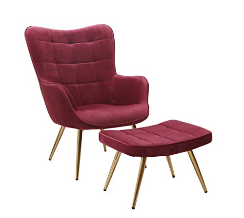 Best Master Furniture Weslie 2 Pcs Tufted Velvet Living Room Accent Chair and Ottoman Set, Ruby