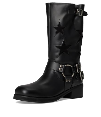 Image of Dingo Womens Blacklist Tooled Inlay Round Toe Pull On Motorcycle Casual Boots Mid Calf Mid Heel 2-3 inch