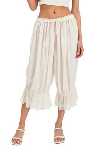 Image of NUFIWI Women Ruffle Long Bloomer Y2k Lace Trim Pettipants Pantaloons Mid Rise Cropped Pajama Pants Under Dress Slips
