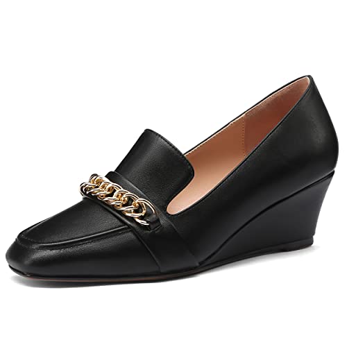 MODENCOCO Metal Chain Square Toe Matte Slip On Travel Dating Wedge Low Heel Pumps Shoes 2 Inch