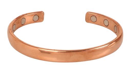 Image of Touchstone Indian Handcrafted Pretty Tapered Pattern Triple Magnet Hand Forged With Solid And High Gauge Minimalistic Elegance Pure Copper Bracelet In Natural Tone.