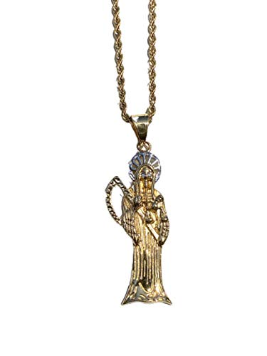 Shop-iGold Men Women 925 Italy Gold Finish Santa Muerte Pendant Stainless Steel Real 2.5 mm Rope Chain Necklace Mens Jewelry Iced Pendant Rope Necklace Nuestra Seora de la Santa Muerte (22)