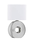 moderne Tischleuchte mit einem silberfarbenen Keramik Fuß und einem weißen Stoffschirm