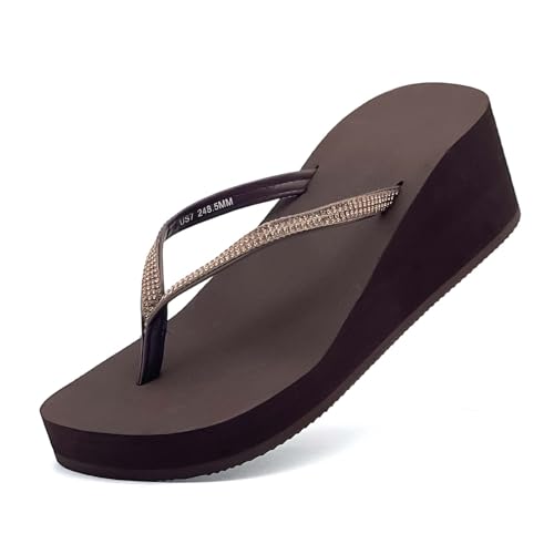 xinran & shengli Sandales compensées à strass pour femmes, taille 7.5, brun café